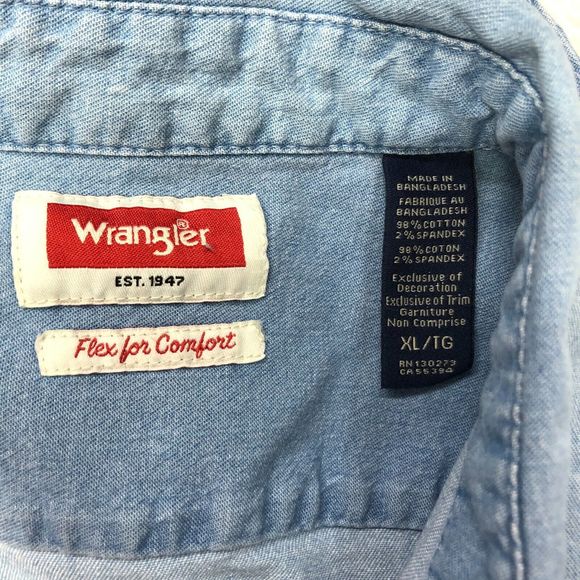 Wrangler Men Flex For Comfort Button Blue Denim Shirt Size Extra Large B219 -21 - Picture 6 of 14
